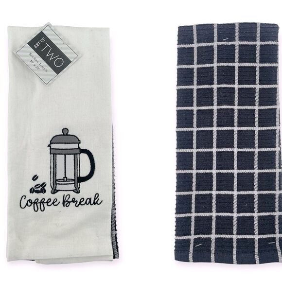 COFFEE BREAK Embroidered Cotton Black White Kitchen Towels, Set of 2, 16” x 28” - Picture 2 of 9